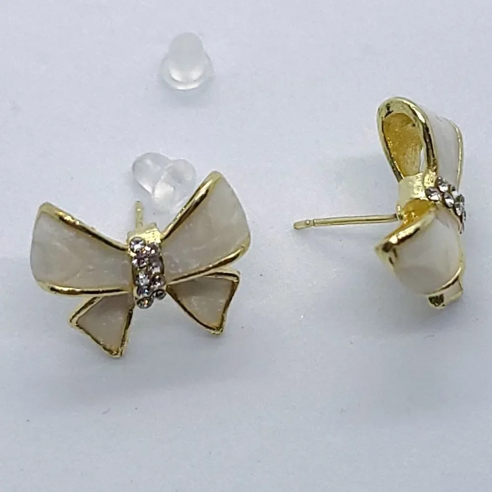 Ivory Bow Stud Earrings Gold Rhinestone Ribbon Elegant Coquette Jewelry